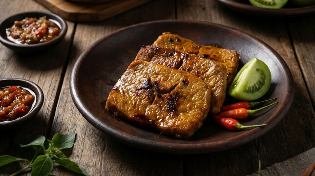 Indonesian Fried Tempeh Served with Sambal and Fresh Chili.