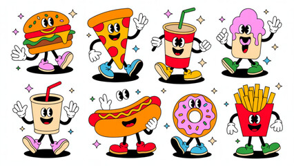 Fototapeta premium Groovy Retro Food & Drink Cartoon Characters Set – Vintage 70s Snack Sticker Collection