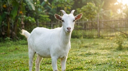 Fototapeta premium White Goat Standing in Grassy Field with Sunlight.