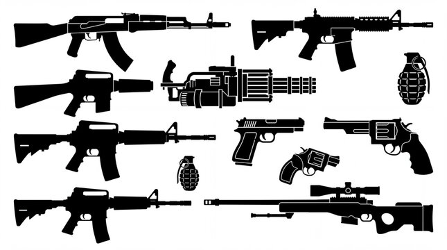collection of various firearm silhouettes including rifles pistols and grenades on white background