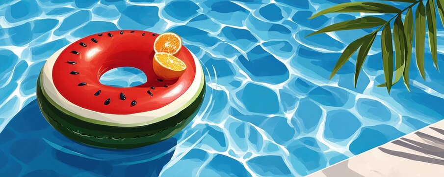 Colorful watermelon pool float with orange slice floating in a sparkling blue summer pool