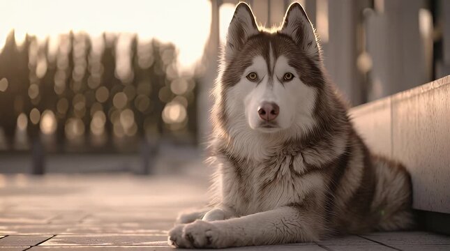 Siberian Husky Lying Outdoors in Warm Light