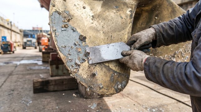 Shipyard worker wearing dirty gloves using a metal scraper to remove barnacles and chipped grey paint from a massive brass ship propeller