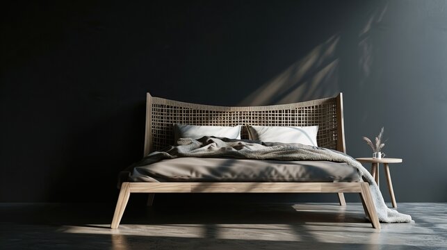 Minimalist wooden bed frame with curved headboard in a dark moody bedroom setting