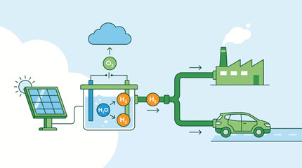 Fototapeta premium Green hydrogen production process from solar energy for industry and transport. EPS Editable. Vector Illustrations.