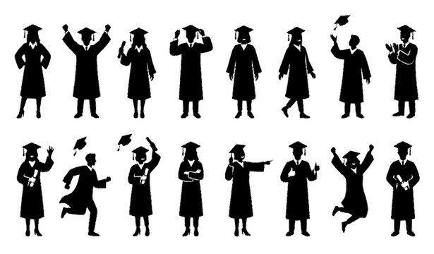 Graduate student silhouette set with graduation cap gown diploma and celebration poses vector collection