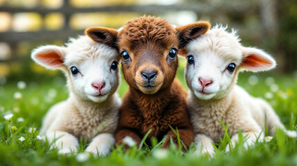 Obraz premium Cute Lamb Trio in Spring Meadow with Daisies