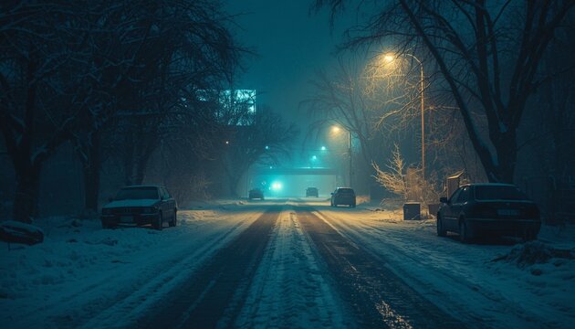A street covered in ice and snow, frozen cars, heavy fog and cold bluish lighting, an intense cinematic atmosphere.