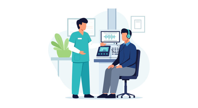 Audiologist performing hearing test on patient with headphones and audiometer