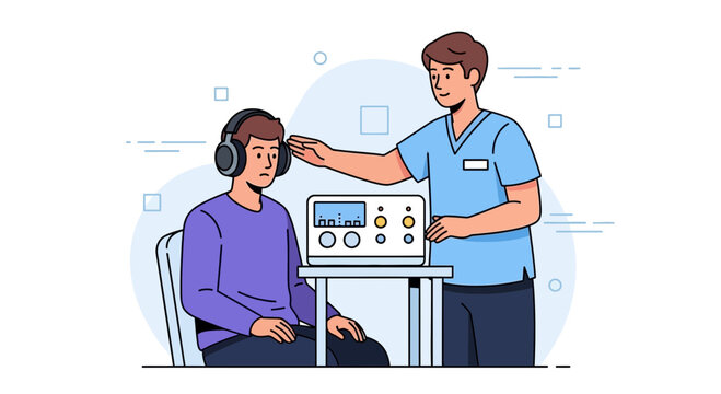 Audiologist performs hearing test on patient wearing headphones with audiometer machine