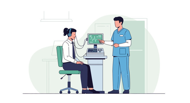 Audiologist performs hearing test on patient with headphones and audiometer in clinic