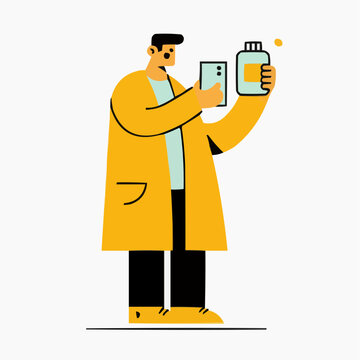 Flat vector illustration of a person in a lab coat holding a phone and a bottle, suitable for medical, scientific, or pharmaceutical presentations.