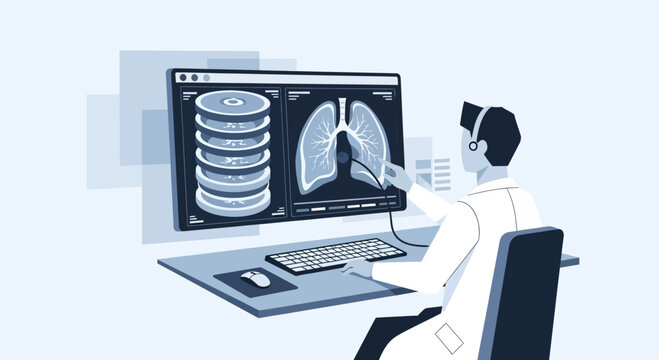 Doctor analyzing lung x-ray on computer screen, medical technology, healthcare concept