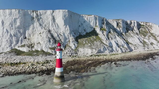 Beachy Head Lighthouse from a drone, Beachy Head Cliffs, English Channel, East Sussex, England
