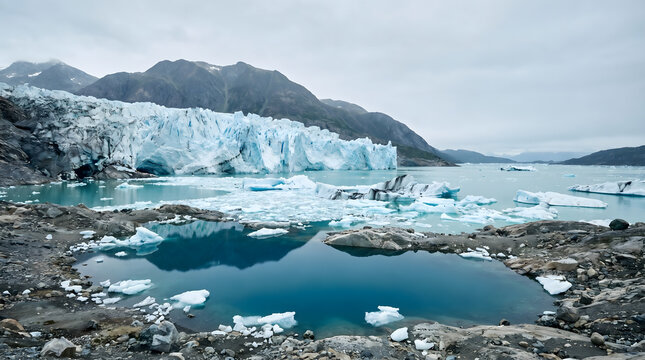 Melting glacier landscape, Climate change impact, Polar ice loss, Environmental crisis panorama, Frozen seascape with icebergs, Cold nature background