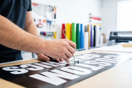 Man working on custom graphics sign applying vinyl lettering on table