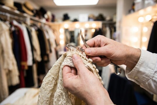 Wardrobe assistant hands fastening hook and eye closures on vintage lace garment
