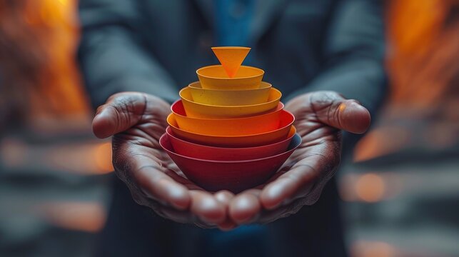 Sales funnel floating above businessman hand in office setting as 3d digital illustration for marketing strategy presentation