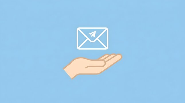 Hand holding email icon with paper airplane on blue background