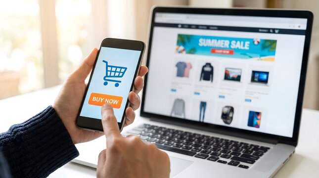 Person uses smartphone with buy now button to shop online on laptop