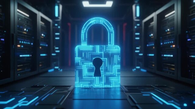 Glowing Digital Padlock in High Tech Server Room Cyber Security