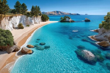 Fototapeta premium Panoramic view of Cathedral Cove beach with turquoise water and white cliffs in New Zealand