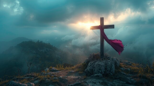 Wooden cross with red shroud on a rocky mountain summit at sunrise with cinematic god rays for religious marketing