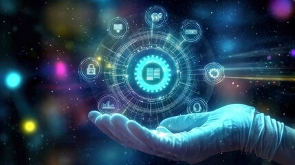 Obraz premium Holographic digital interface floating above a gloved hand in a dark laboratory with neon lighting for corporate technology marketing