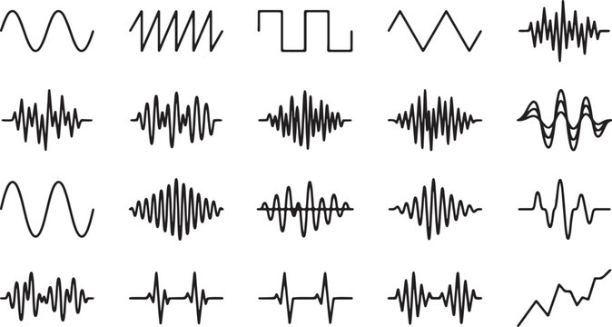 This set of vector audio sound icons features a black design drawing inspiration from nature elements like leaf and flower patterns to create a unique symbol illustration