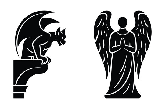 Gargoyle and angel silhouettes with gargoyle mythology sculpture architecture