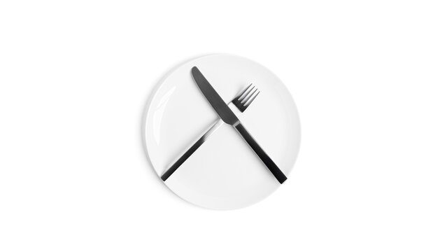 Sign language with cutlery. A plate with cutlery isolated on a white background. Plate, knife, fork on a white background.