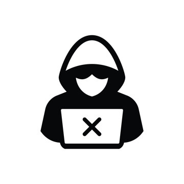 Hacker man hoodie laptop crossmark solid icon for cyber security attack and malware error