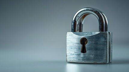 Fototapeta premium Steel padlock standing locked on a minimalist studio surface with sharp metallic detail and soft bokeh for cybersecurity and data protection marketing