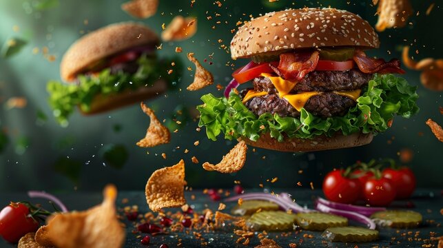 Gourmet beef burger with levitating fresh toppings and crispy chips in a cinematic macro composition for restaurant advertising