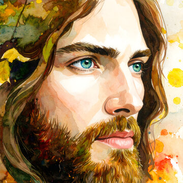 Watercolor portrait of a bearded man with vibrant blue eyes