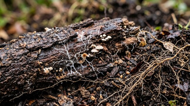 Macro detail of decomposing wood and compost in hugelkultur system. Ideal for ecology and sustainability design backgrounds.