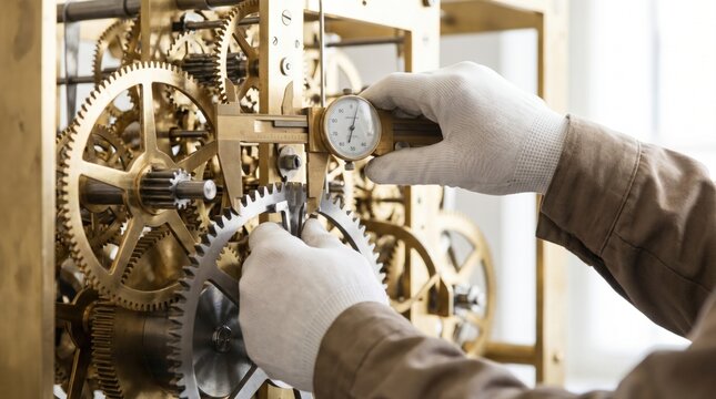 Watchmaker wearing white cotton gloves using brass vernier caliper to measure large metal gear inside antique clock mechanism