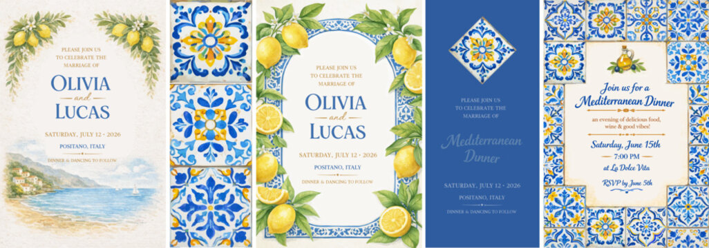 invitation, frame, template, card, mediterranean, italian, border, diploma, blank, greek, certificate, wedding, italy, lemon, tile, ceramic, floral, elegant, romantic, marriage, santorini, design, vec