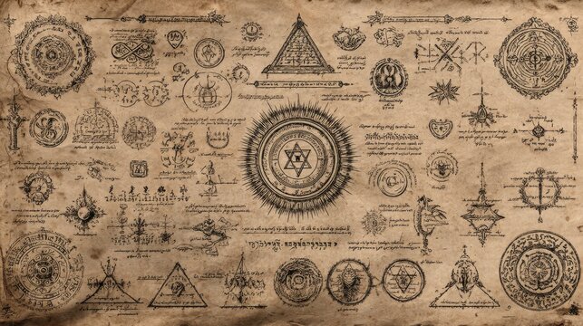 Intricate engraved antique diagram of various protective symbols and sigils used in historical witch hunts, on weathered parchment. Detailed linework