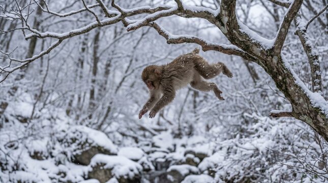 Jumping Japanese macaque