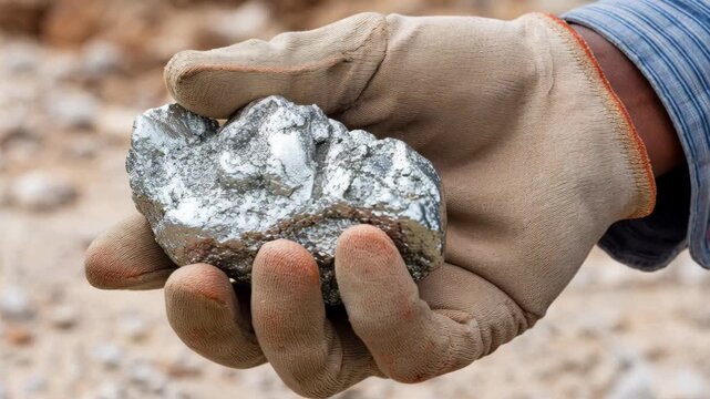 A gloved hand holds a raw silver metallic ore specimen against a blurred outdoor background.