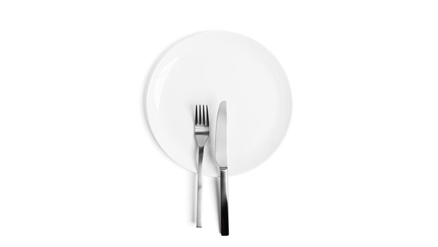 Sign language with cutlery. A plate with cutlery isolated on a white background. Plate, knife, fork on a white background.