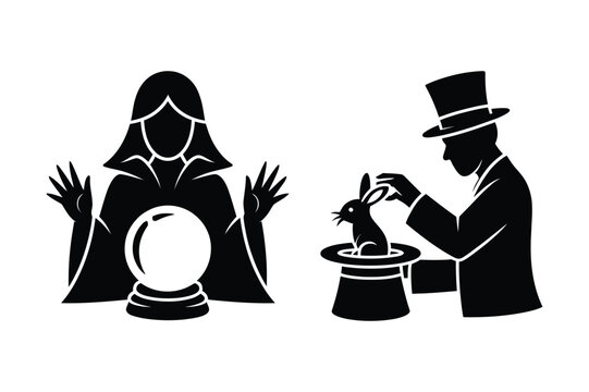 Magician performing classic rabbit out of hat trick and fortune teller