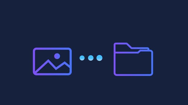 Animated motion graphics of a landscape photo icon connecting to a file folder via pulsing dots. Concept of image organization, digital gallery backup, and photo management on a dark background.