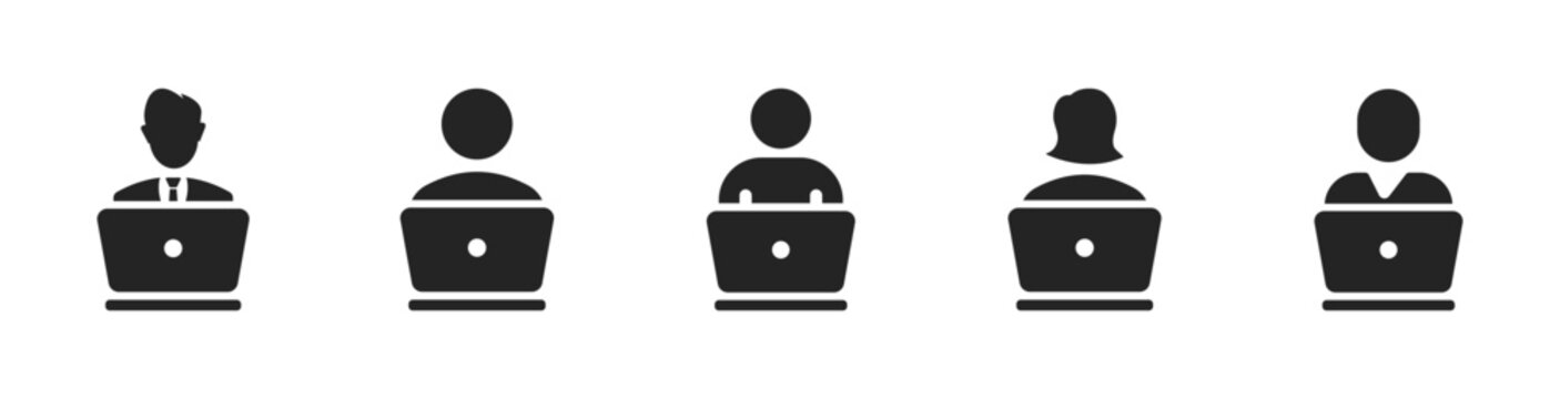  Computer user vector icons set. Person using laptop icon.