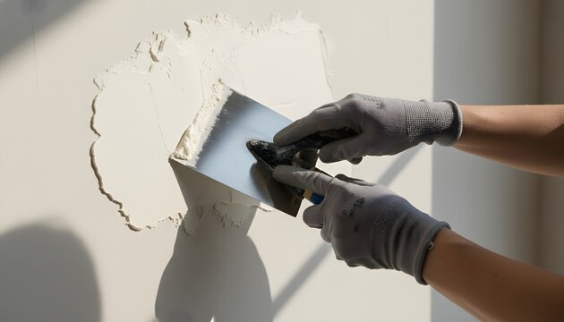 Woman plastering wall in gloves during a home renovation project, smoothing white plaster with a putty knife for a repair and improvement concept in bright sunlight