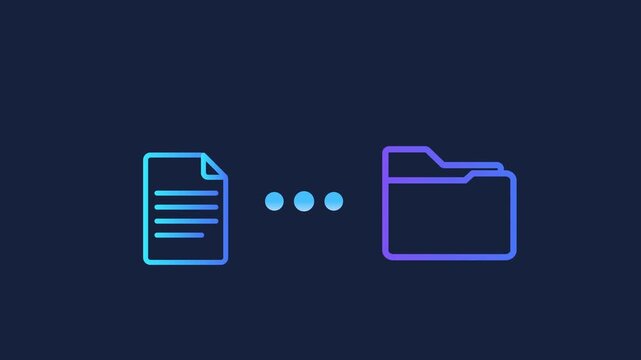Animated motion graphics of a document icon connecting to a file folder via pulsing loading dots. Representing data organization, file archiving, and digital document management on dark blue