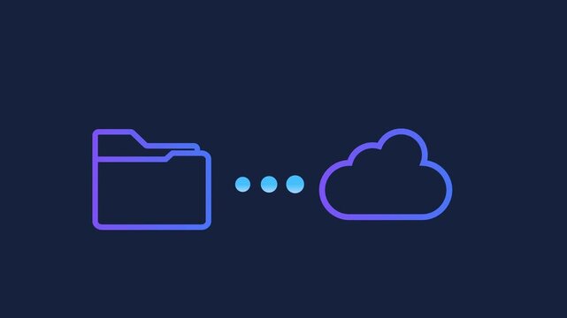 Animated motion graphics of a file folder icon connecting to a cloud via pulsing dots. Conceptualizing data migration, cloud backup, and wireless document synchronization on a dark blue background