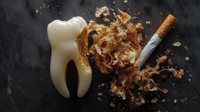 Human molar tooth with yellow decay next to cigarette and tobacco debris in a dark macro shot for anti-smoking dental health marketing