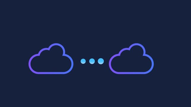 Animated motion graphics of two digital cloud icons connecting via pulsing loading dots. Representing cloud-to-cloud synchronization, data migration, and remote network connectivity
